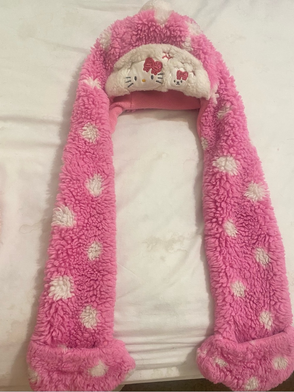 Hello Kitty Plush Pink and White Polka Dot Hooded Scarf